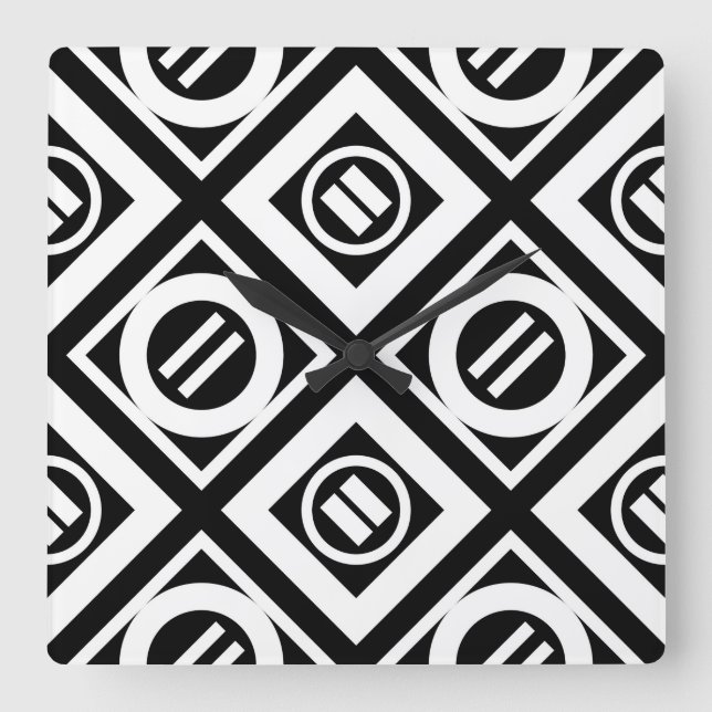 White Equal Sign Geometric Pattern on Black Square Wall Clock (Front)