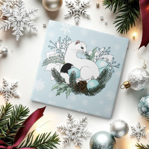 White Ermine Blue Christmas Snowflakes Ceramic Tile
