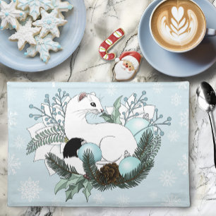 White Ermine Blue Christmas Snowflakes Cloth Placemat