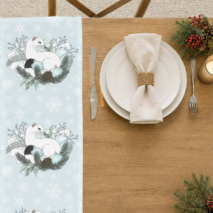 White Ermine Blue Christmas Snowflakes  Long Table Runner