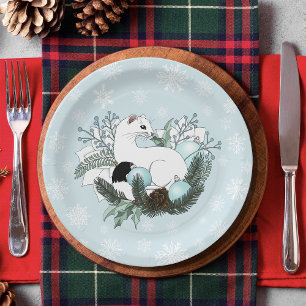 White Ermine Blue Christmas Snowflakes Paper Plates