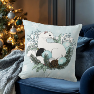 White Ermine Blue Christmas Snowflakes Throw Pillow