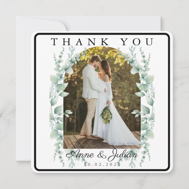 White Eucalypthus leaves Wedding W/ 2 photos Thank You Card (Front)