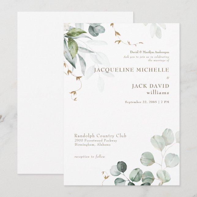 White Eucalyptus Elegance Bride Parents Wedding  Invitation (Front/Back)