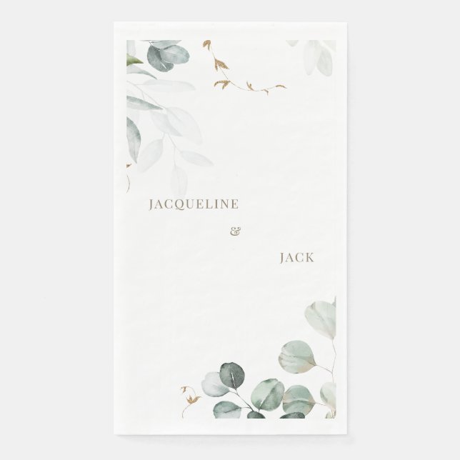 White Eucalyptus Elegance Personalized Wedding Paper Guest Towels (Front)