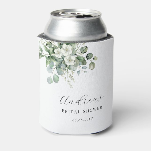 White Eucalyptus Floral Bridal Shower Favor Can Cooler (Can Back)