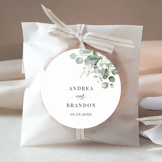 White Eucalyptus Floral Minimalist Elegant Wedding Classic Round Sticker (Creator Uploaded)
