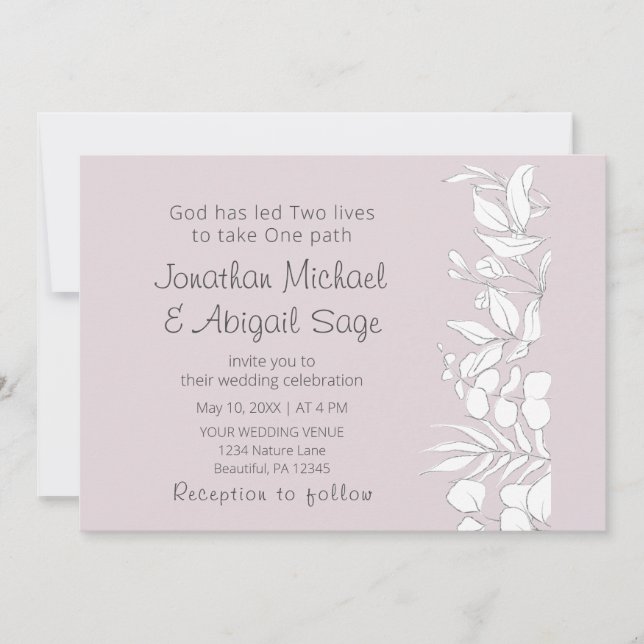 White Eucalyptus on Lavender Christian Wedding Invitation (Front)