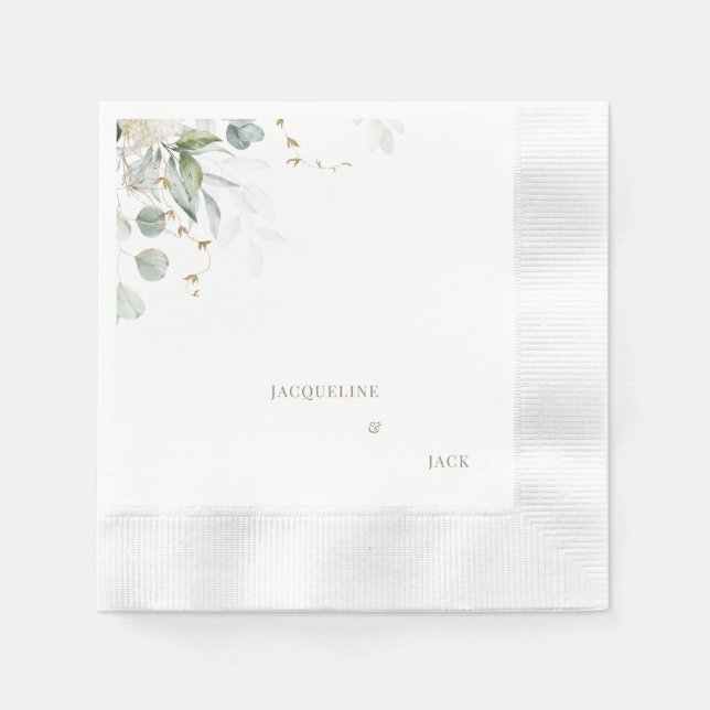 White Eucalyptus Personalized Wedding Cocktail Napkins (Front)