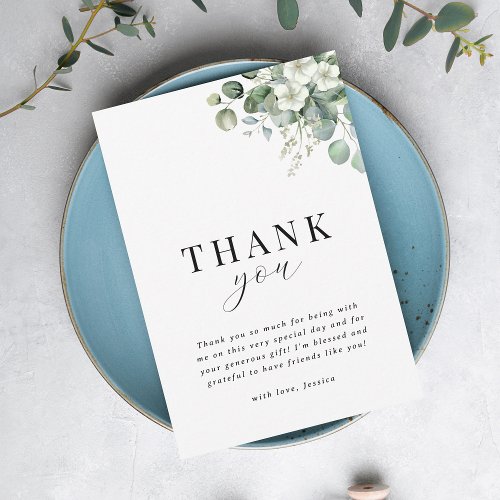 White Eucalyptus Watercolor Floral Bridal Shower Thank You Card