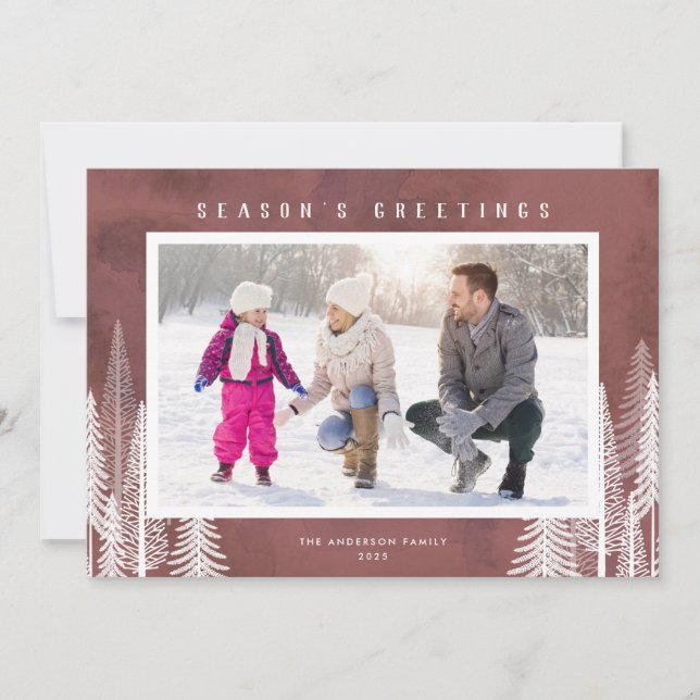 White Evergreen Trees Season's Greetings Photo Holiday Card (Front)