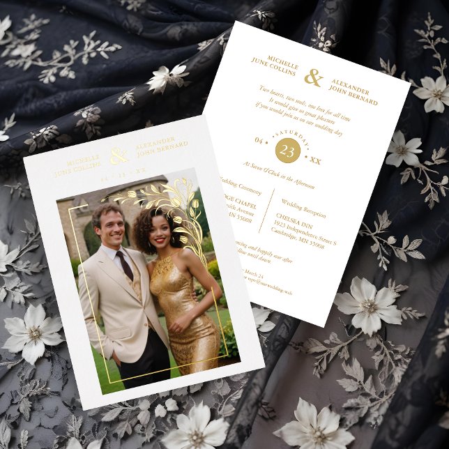 White Exquisite Ornate Tulips Frame Photo Wedding  Foil Invitation (White Exquisite Ornate Tulips Frame Photo Wedding Golden metallic Foil Invitations Cards.)