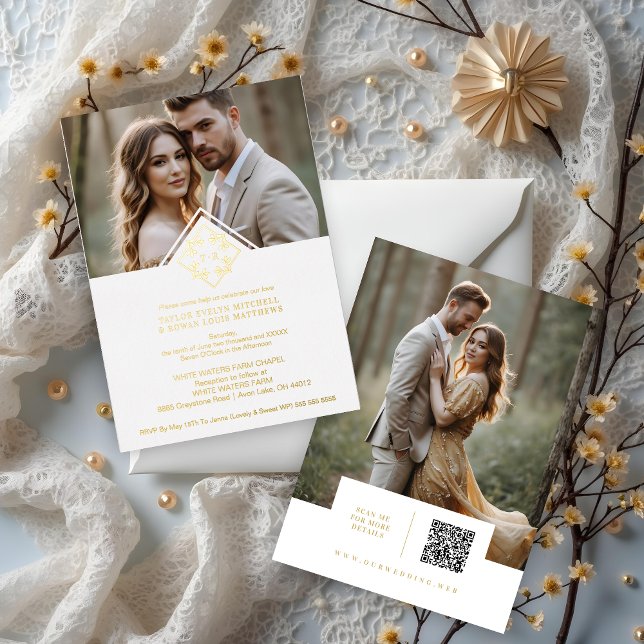 White Exquisite Simple Wedding Botanical Monogram Foil Invitation (White Exquisite Minimalist Wedding Design Botanical Monogram and Initials)