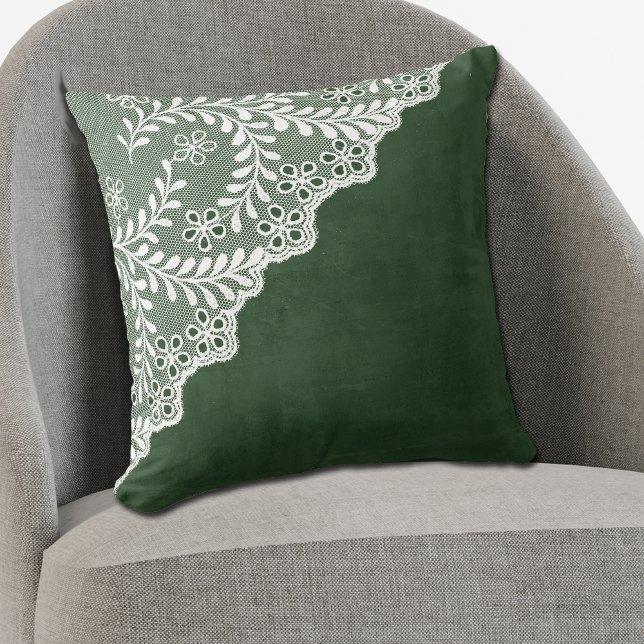 White Eyelet Faux Lace Corner on Green Throw Pillow (Creator Uploaded)