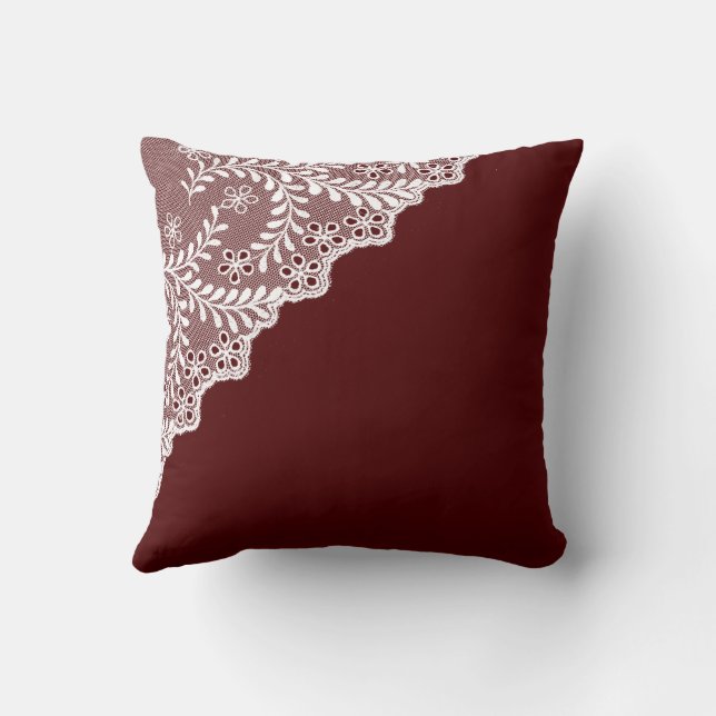White Eyelet Lace Corner Maroon Red Throw Pillow (Back)