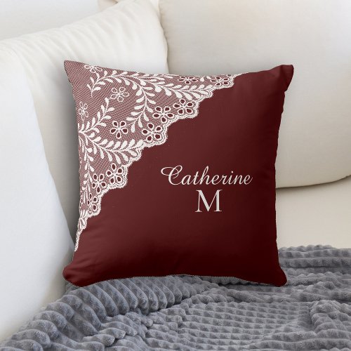 White Eyelet Lace Maroon Red Monogram Throw Pillow