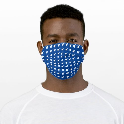 White F_15 Jet Pattern on Blue Cloth Face Mask