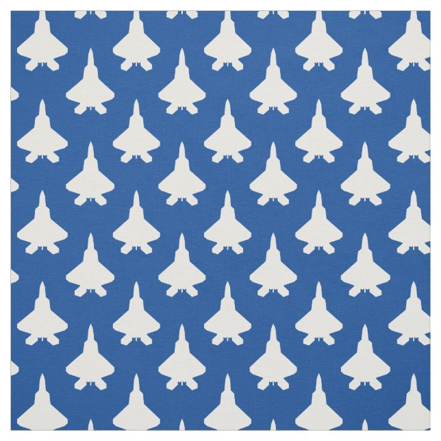 White F-22 Raptor Fighter Jet Pattern on Blue Fabric (Swatch)