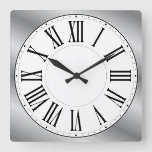 White Face / Metallic Background Roman Numeral Square Wall Clock