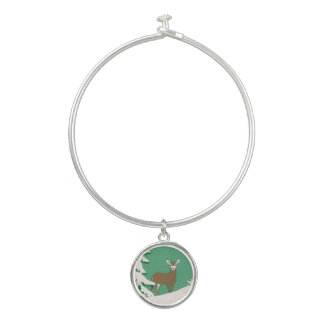 White Faced Brown Female Deer Pine Tree Snow Bangle Bracelet