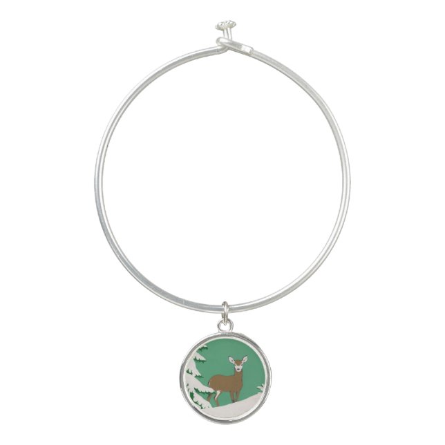 White Faced Brown Female Deer Pine Tree Snow Bangle Bracelet (Front)
