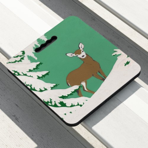 White Faced Brown Female Deer Pine Tree Snow Green Seat Cushion