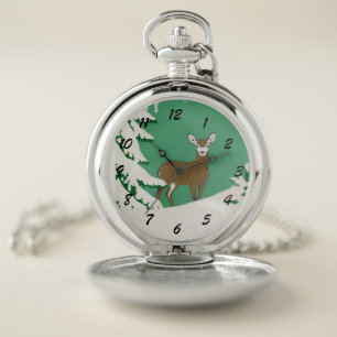White Faced Female Deer Pine Tree Snow Pocket Watch