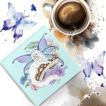 White Fairy Cat Mushroom Glass Coaster<br><div class="desc">A pretty white cat with fairy wings sitting on a mushroom with flowers in a backdrop of bright blue</div>