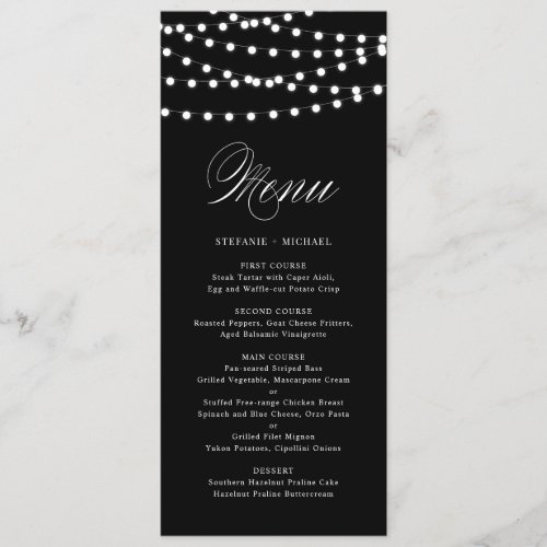 White Fairy Lights  Black Wedding Menu Card