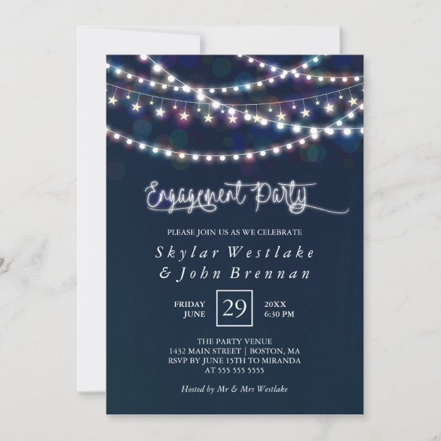 White Fairy Lights Blue Engagement Party Invitation (Front)