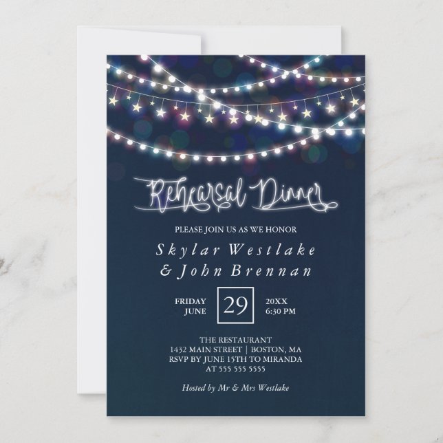 White Fairy Lights Blue Rehearsal Dinner Invitation (Front)