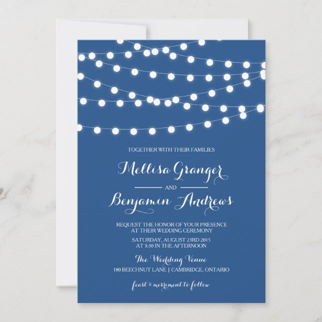 White Fairy Lights | Blue Wedding Invitation (Front)
