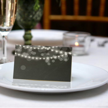 White Fairy Lights & Chalkboard Place Card by Paperpaperpaper at Zazzle