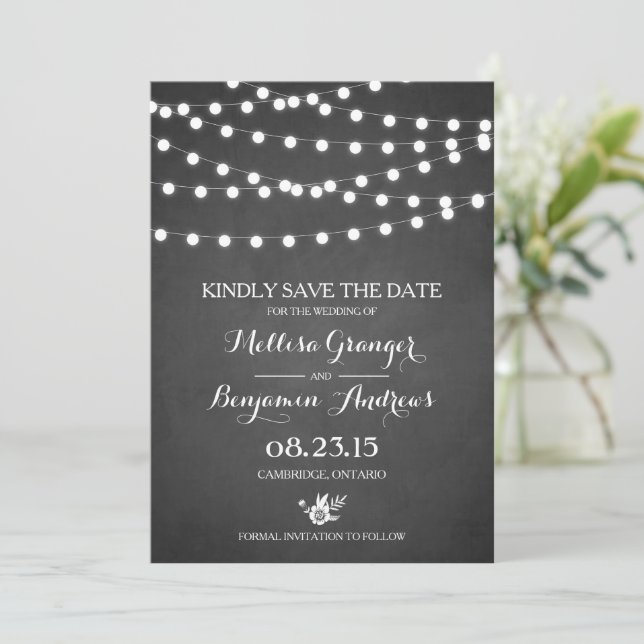 White Fairy Lights Faux Chalkboard Wedding Save The Date (Standing Front)