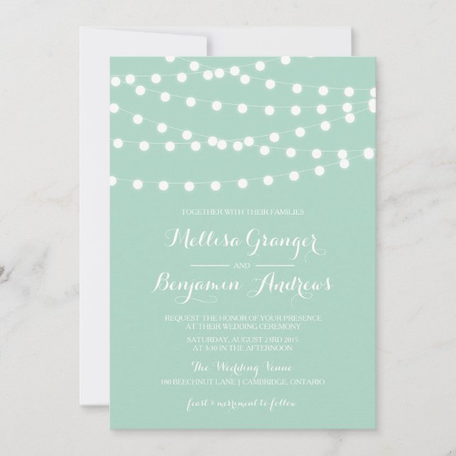 White Fairy Lights | Mint Wedding Invitation (Front)