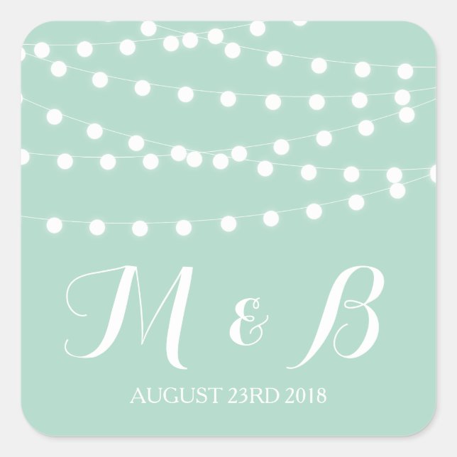 White Fairy Lights | Mint Wedding Monogram Sticker (Front)