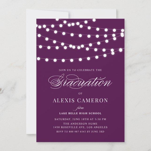 White Fairy Lights Purple Graduation Party Invitation (Front)