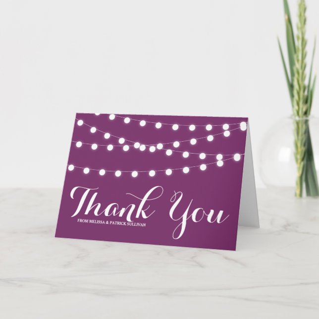 White Fairy Lights | Purple Wedding Thank You Card (Front)