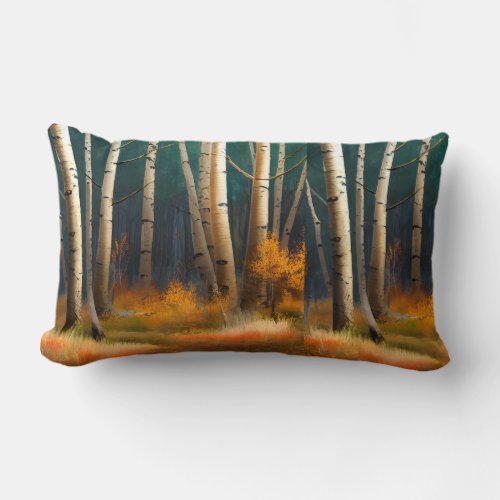 White fall birch trees with autumn leaves lumbar pillow