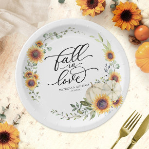 White Fall in Love Pumpkin Sunflower Wedding Paper Plates
