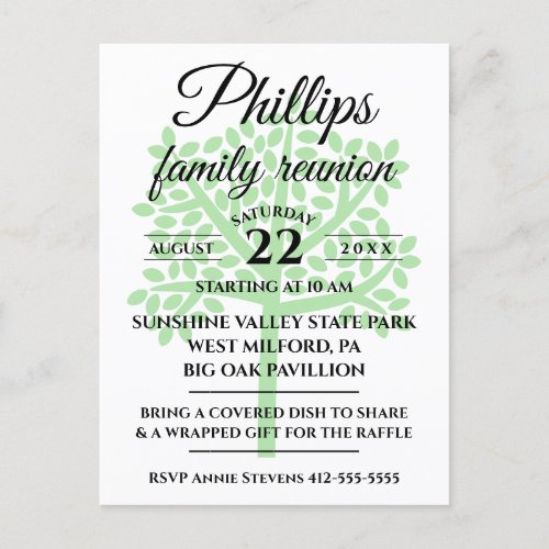 White Family Reunion Green Tree Silhouette Invitation Postcard