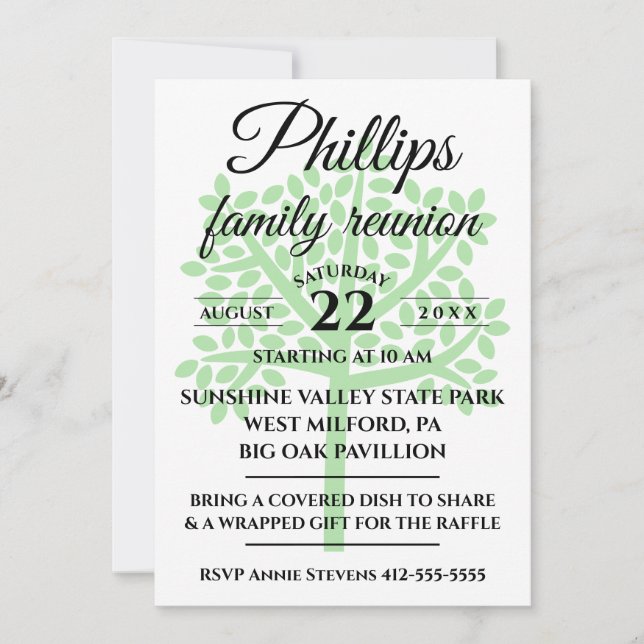 White Family Reunion Sage Green Tree Silhouette Invitation (Front)