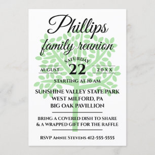 White Family Reunion Sage Green Tree Silhouette Invitation