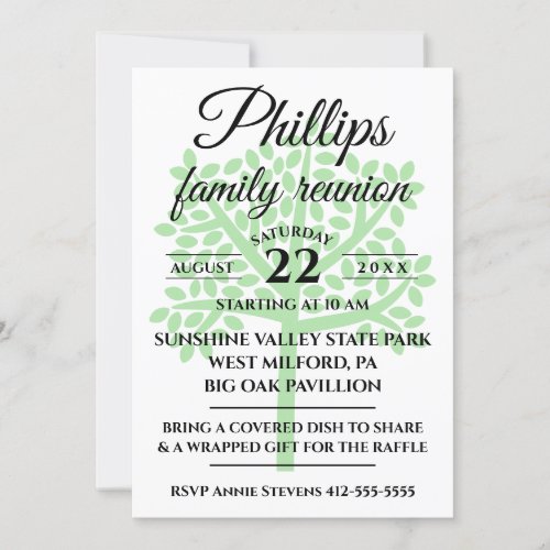 White Family Reunion Sage Green Tree Silhouette Invitation