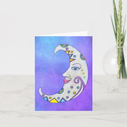 White Fancy Crescent Moon Pretty Face Purple Sky Card