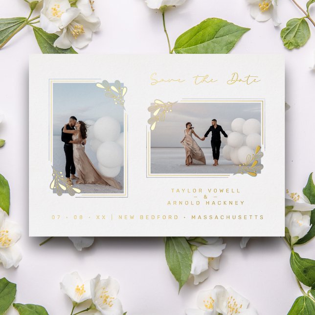 White Fancy Golden Minimalist Branches 2 Photos Foil Invitation (Creator Uploaded)