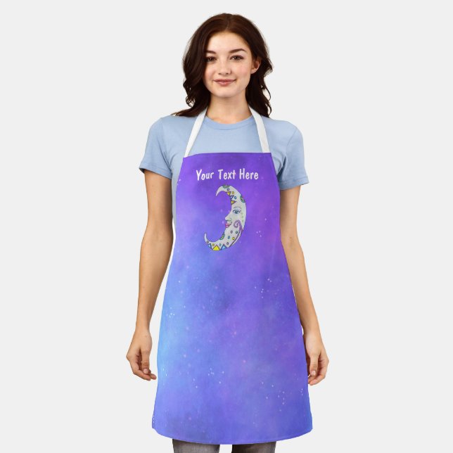 White Fancy Moon With Face Celestial Purple Sky Apron (Worn)