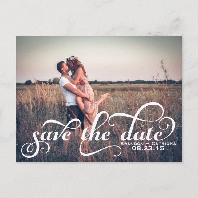 White Fancy Script Photo Save the Date Postcard (Front)