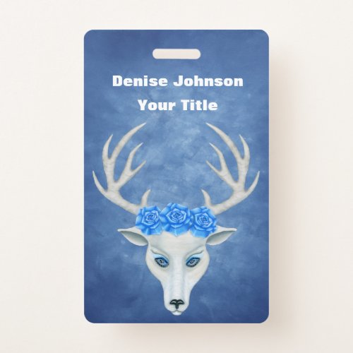 White Fantasy Deer Head Antlers Pretty Roses Blue Badge