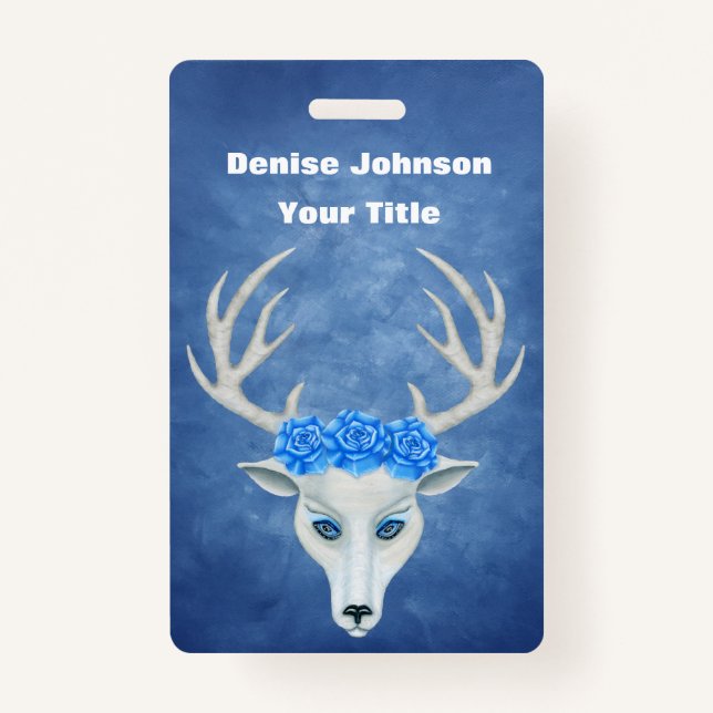 White Fantasy Deer Head Antlers Pretty Roses Blue Badge (Front)